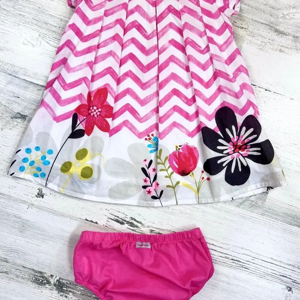 Catimini Dress Set Baby 18M Pink Chevron Floral Bloomer Cotton Spring Outfit